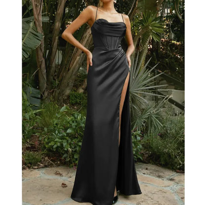 Women's solid color sexy slit off shoulder wedding prom dress
