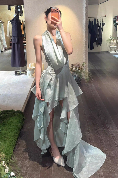 Romantic Halter Neck Draped Asymmetrical Ruffled Prom Dress TP5706