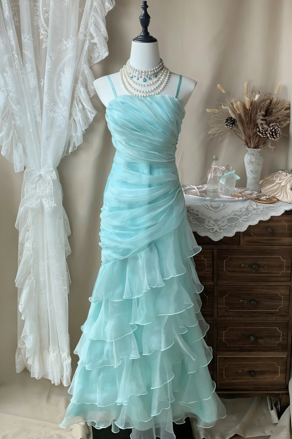Mint Green Layered Mermaid Evening Gown gh7112