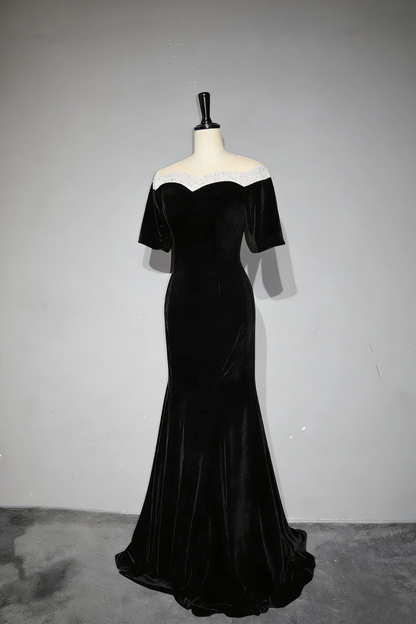 Elegant Black Velvet Mother of the Bride Dress Beaded Illusion Neck Half Sleeve Mermaid Evening Gown gh7103
