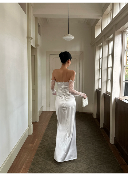 Elegant Ruched Satin Mermaid Wedding Gown with Lace Detachable Sleeves TP5774