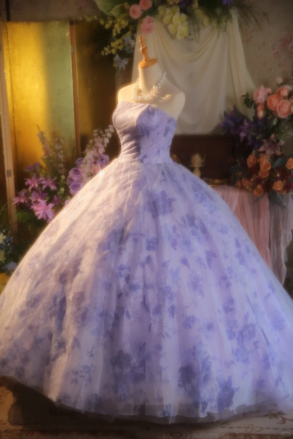 Gorgeous Lilac Floral Strapless Sparkling Tulle Formal Sweet 15 Quinceanera Ball Gown TP5516