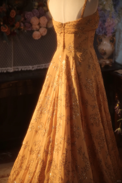Vintage Mustard Yellow Sequin Floral Embroidery Spaghetti Strap Evening Gown TP5520