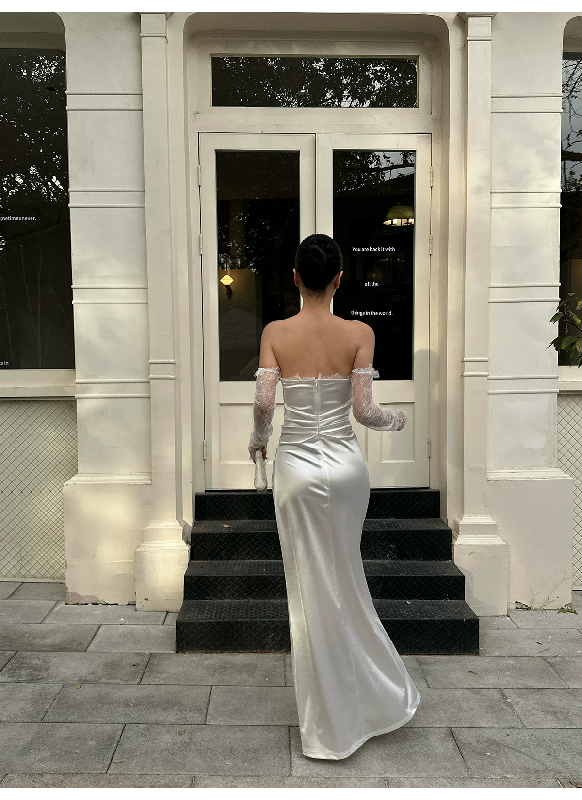 Elegant Ruched Satin Mermaid Wedding Gown with Lace Detachable Sleeves TP5774