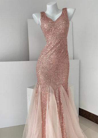Glitter V Neck Champagne Silver Sequin Tulle Mermaid Long Evening Dress Party Gown