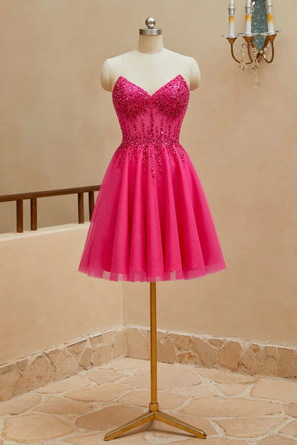 A-line sheer V-neck beaded strapless short mini back to school dress