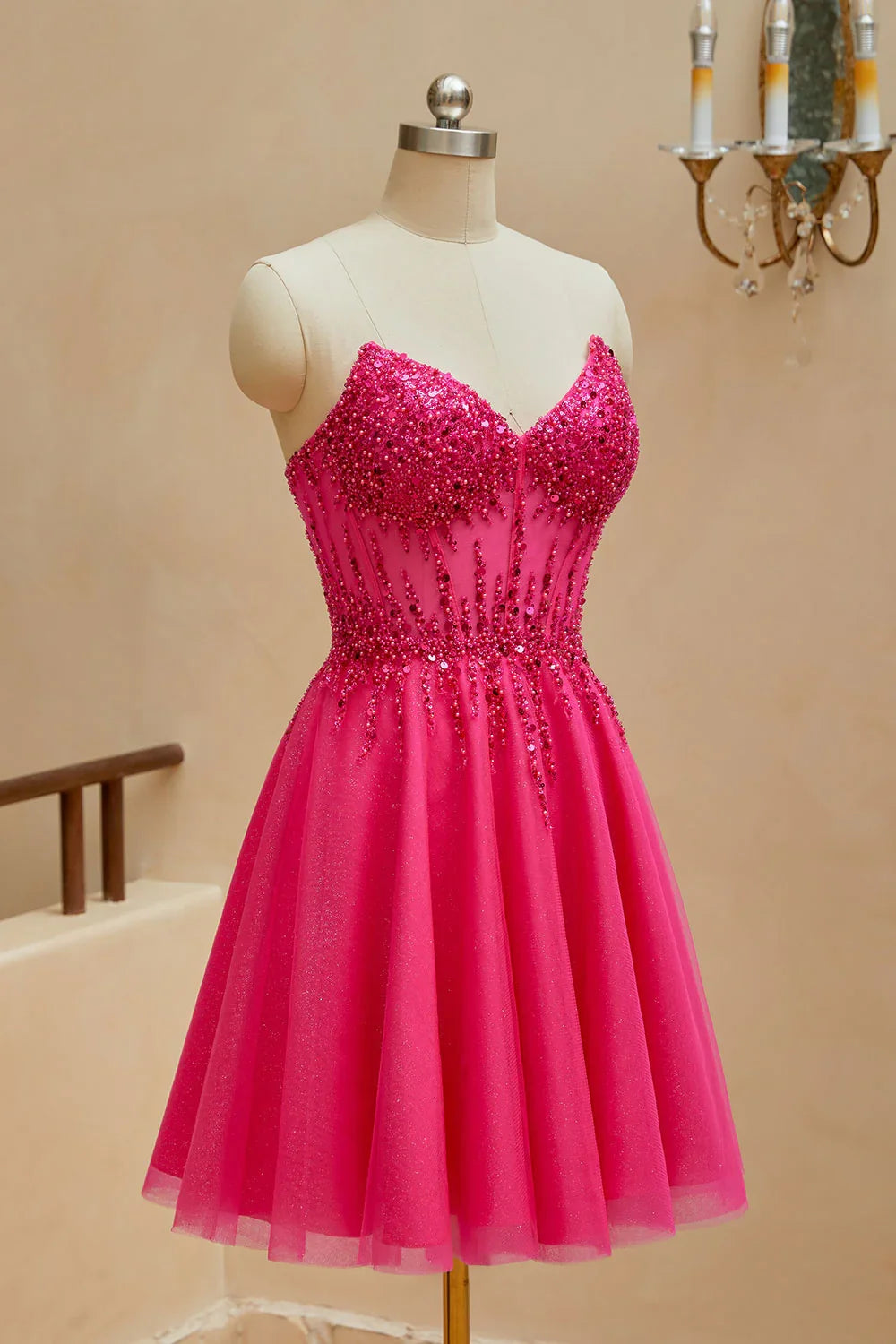 A-line sheer V-neck beaded strapless short mini back to school dress