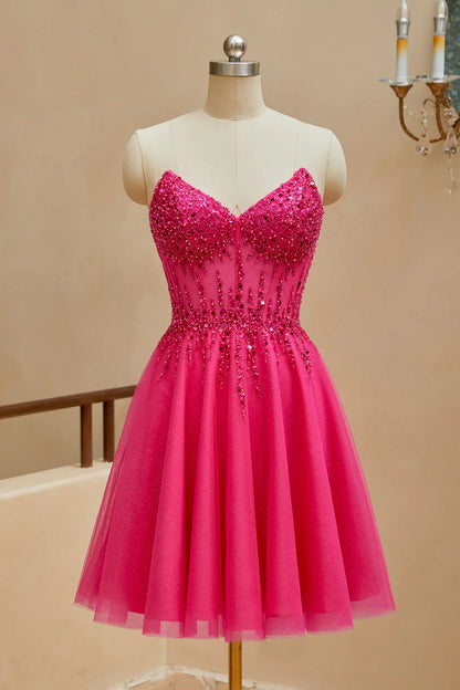 A-line sheer V-neck beaded strapless short mini back to school dress
