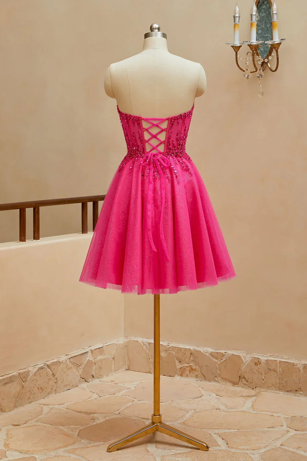 A-line sheer V-neck beaded strapless short mini back to school dress