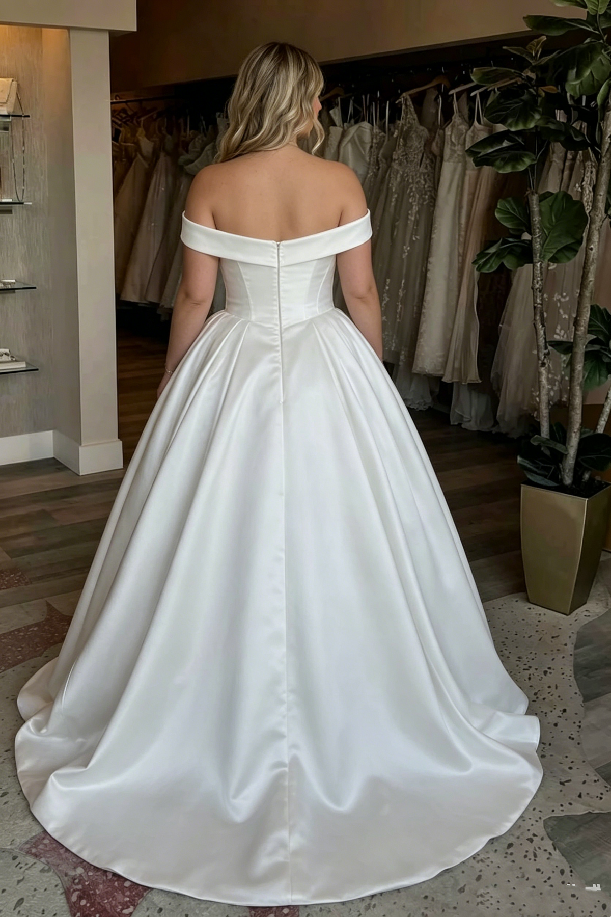 Elegant Off-the-Shoulder Satin Corset Bodice A-Line Wedding Gown TP5901