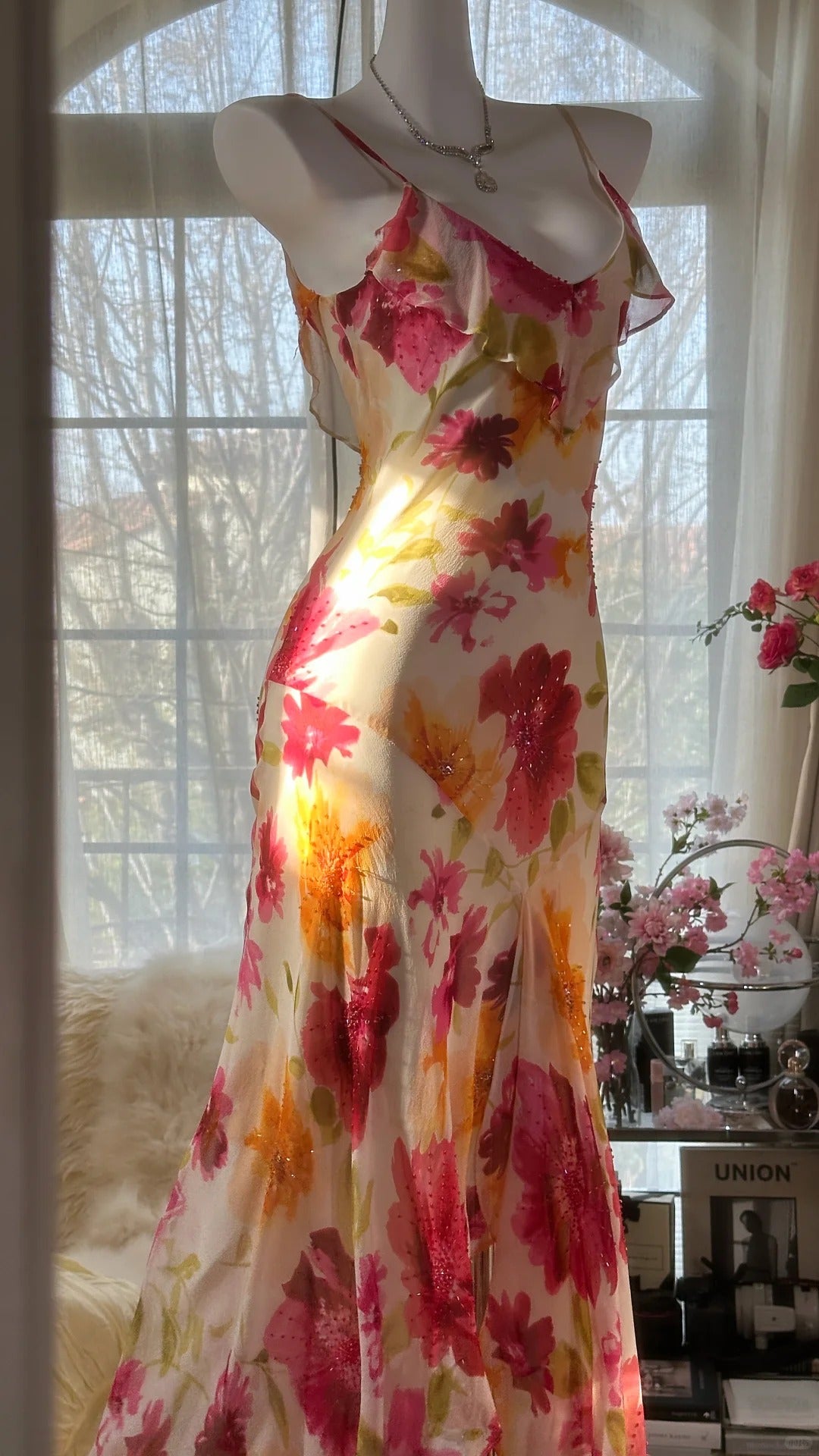 Vintage Floral A-line V-neck Spaghetti Strap Evening Dress Prom Dresses TP3931