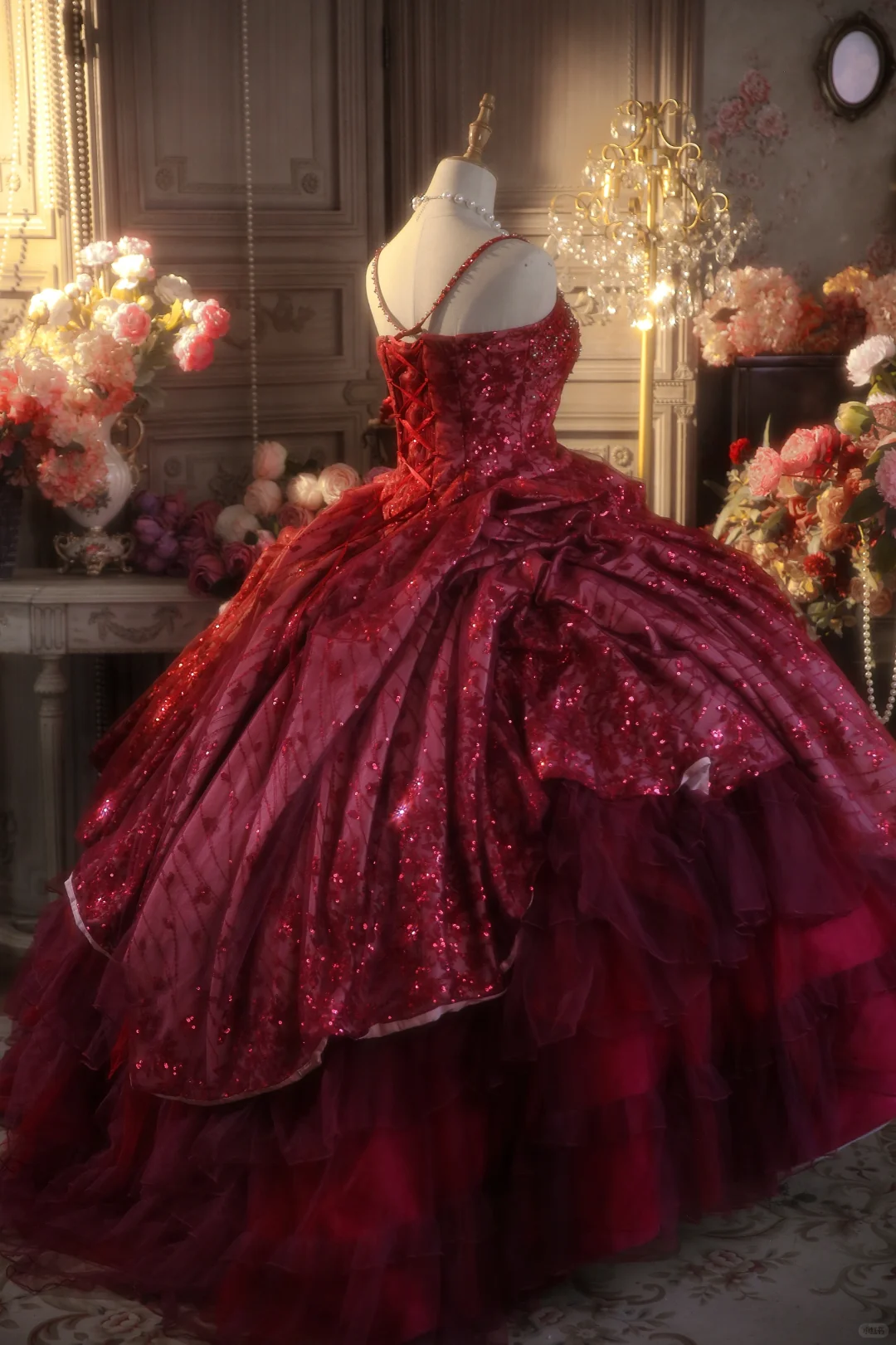 Glamorous Burgundy Sequin Ruffled Tiered Spaghetti Strap Sweet 15 Quinceanera Ball Gown TP5545