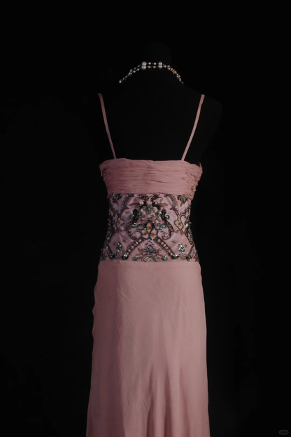 Elegant Pink Chiffon Beaded Sheath Spaghetti Strap Evening Gown TP5415