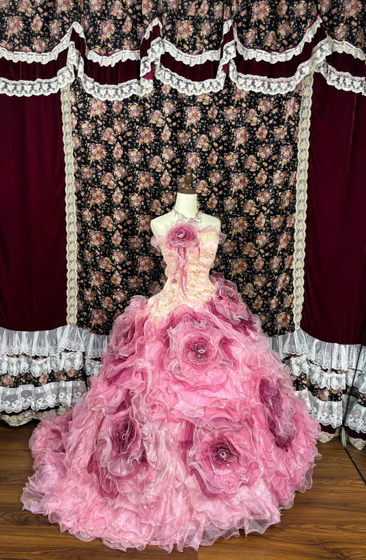 Elegant Pink 3D Flower Tulle Beaded Quinceanera Dress Evening Ball Gown TP4268