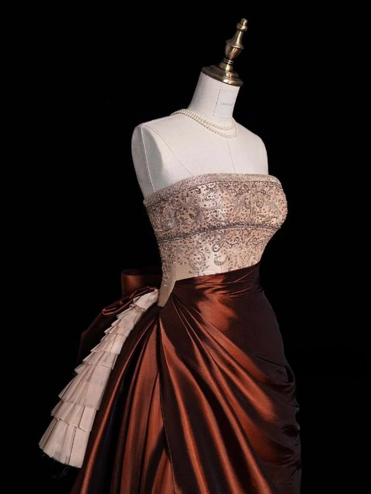 Vintage Strapless Satin Beaded A Line Evening Dress Prom Gown