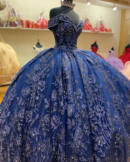 Vintage Navy Blue Ball Gown Off The Shoulder Tulle Lace Sequin Formal Quinceanera Dress