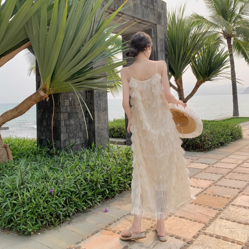 New Fashion Tassels Design Pink Beach Elegant Spaghetti Strap Dress TP2965