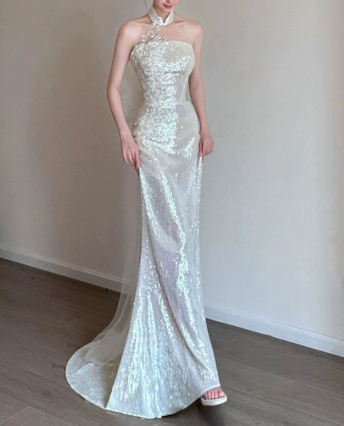 Glamorous White Sequined Halter-Neck Mermaid Prom Dress TP5874