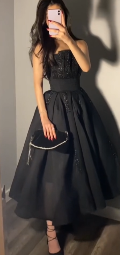 Charming Black Strapless Sleeveless Ball Gown Evening Dress TP2043