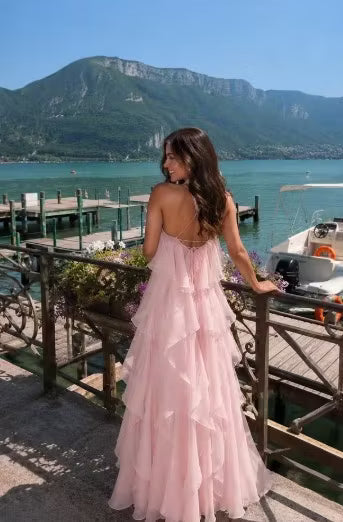 Vintage Pink Halter-Neck Chiffon 3D Rose Floral Tiered Ruffle A-Line Party Evening Gown TP5896
