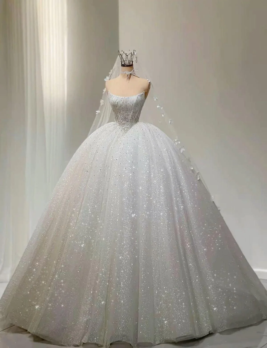 A Line Shinny Long Wedding Dress Strapless Bridal Gown