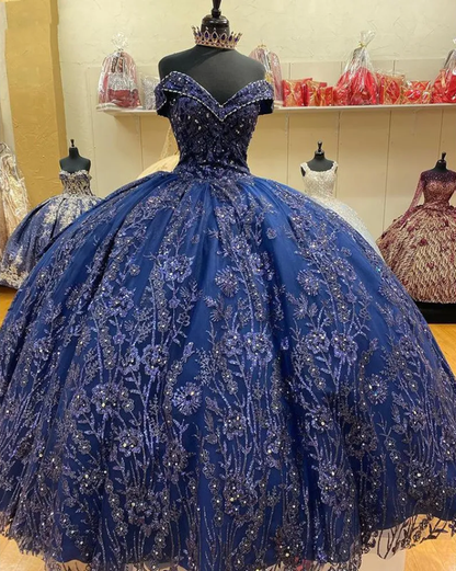 A Line Navy Blue Off The Shoulder Quinceanera Dresses Sweet 16 Dress Ball Gown