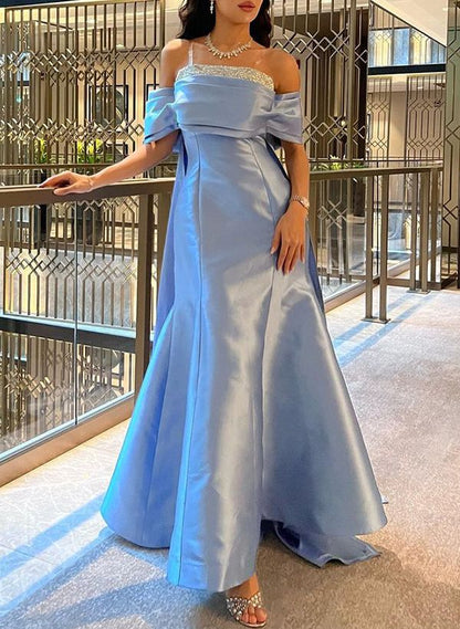 Elegant Blue Off-the-Shoulder Mermaid Beaded Evening Gown TP5732