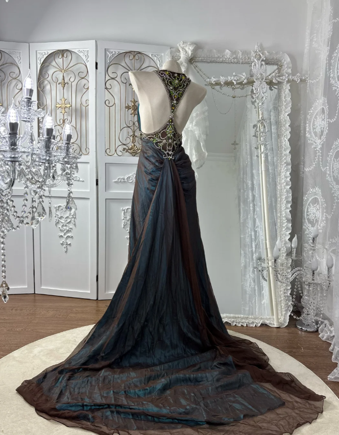 Sexy V Neck Tulle Beaded Mermaid Long party Dress Birthday Prom Gowns SP1773