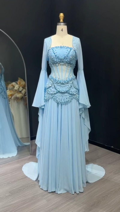 Elegant Blue Chiffon Beaded Long Party Dress Birthday Prom Dress SP1362