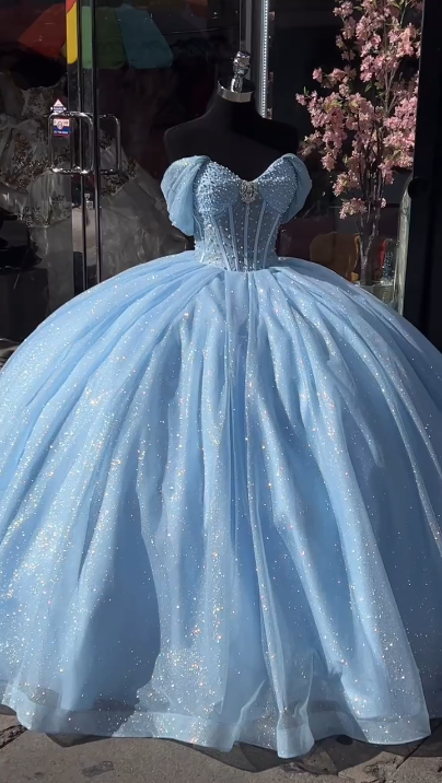 Baby blue sequins quinceanera dresses Sweet 16 Dresses Off the Shoulder Ball Gown