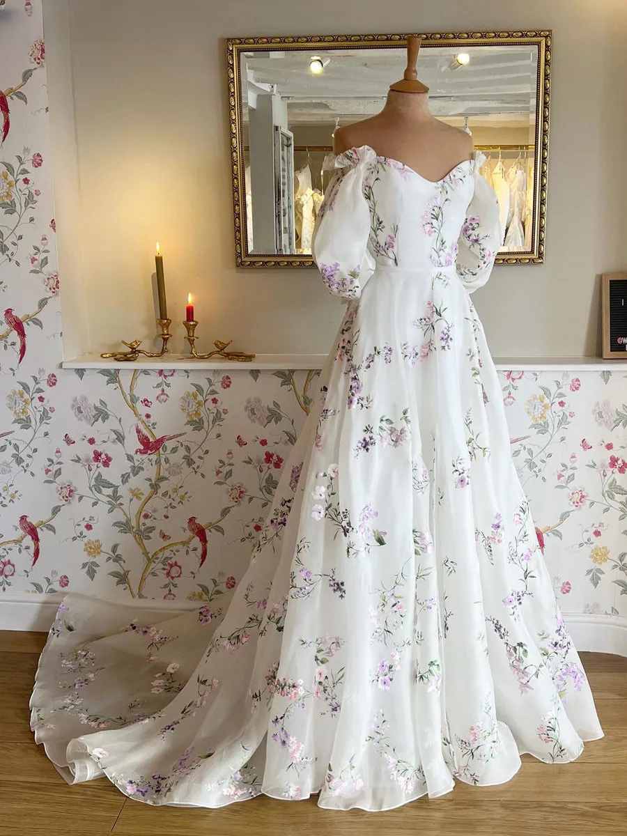 Women s Floral Print Wedding Dresses Off the Shoulder Bridal Gowns Beach Sweep Train Bridal Gown