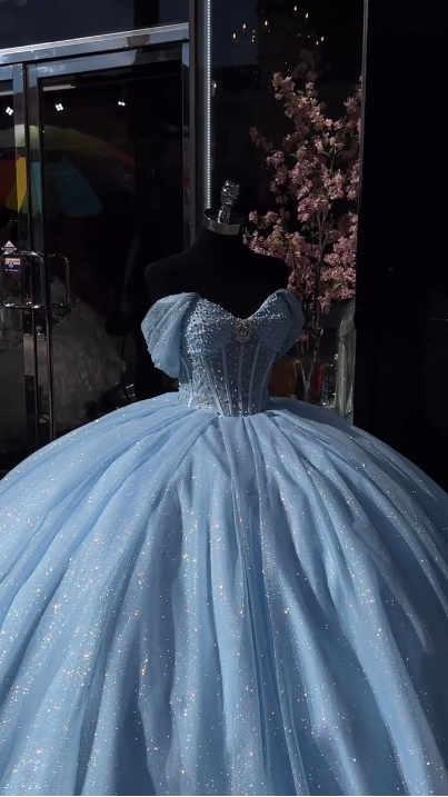 Baby blue sequins quinceanera dresses Sweet 16 Dresses Off the Shoulder Ball Gown