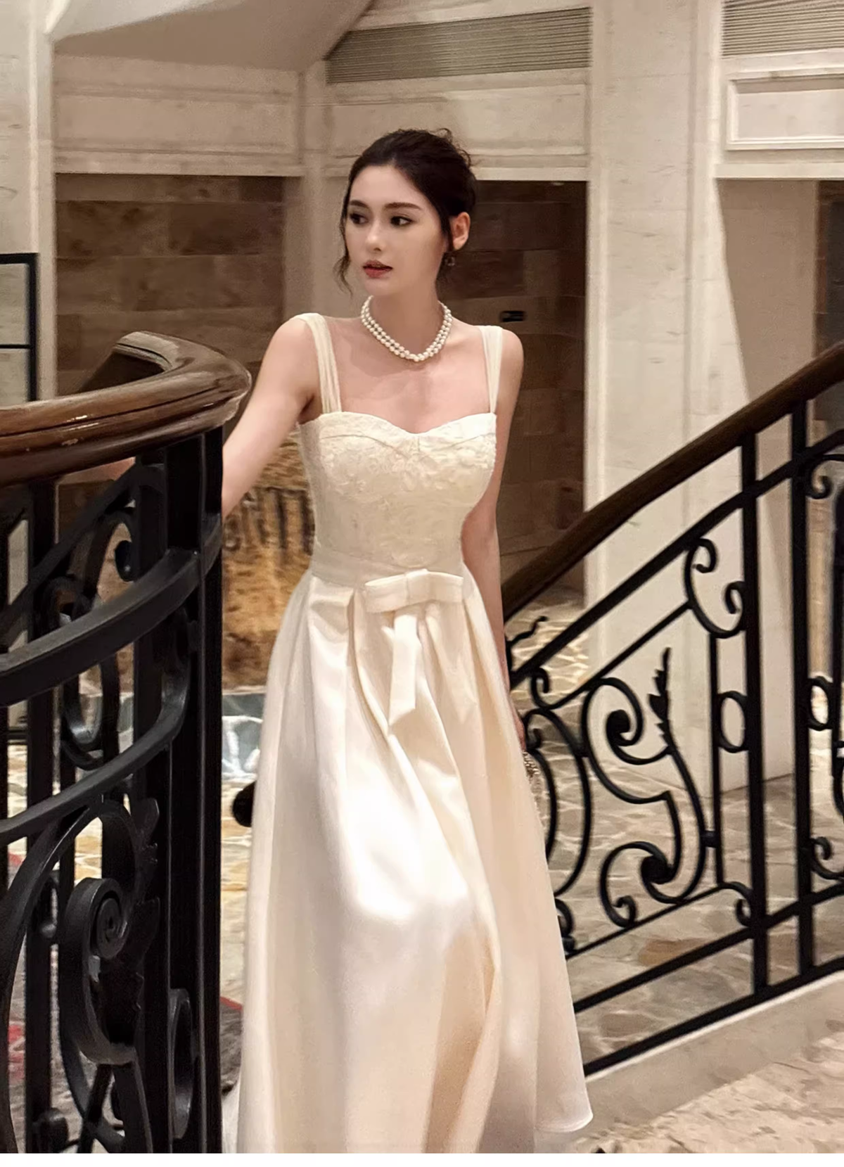 Pretty Bow Satin Lace A Line Long Evening Dress White Wedding Guest Dress SP1540