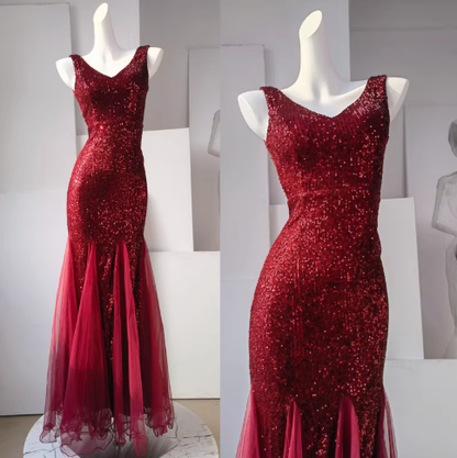 Glitter V Neck Champagne Silver Sequin Tulle Mermaid Long Evening Dress Party Gown