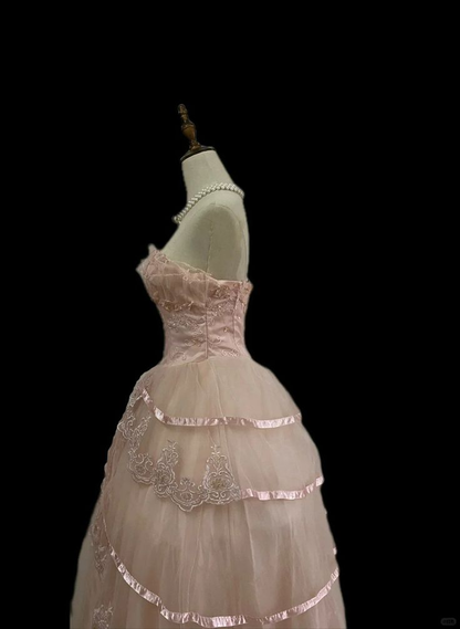 Pink Tulle With Lace Princess Party Dress, Cute Strapless Birthday Evening  Dress Y8750
