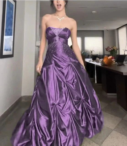 Retro Ball Gown Strapless Green Ruffles Satin Long Party Dress Prom Dresses