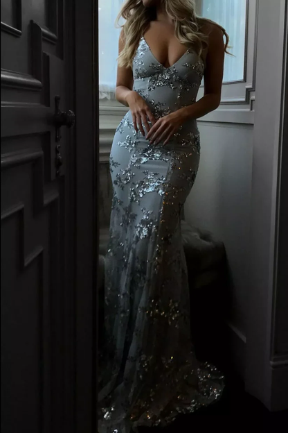 Pretty Spaghetti Straps V Neck Tulle Sequin Mermaid Evening Dress Navy Blue Long Wedding Guest Dress SP1322
