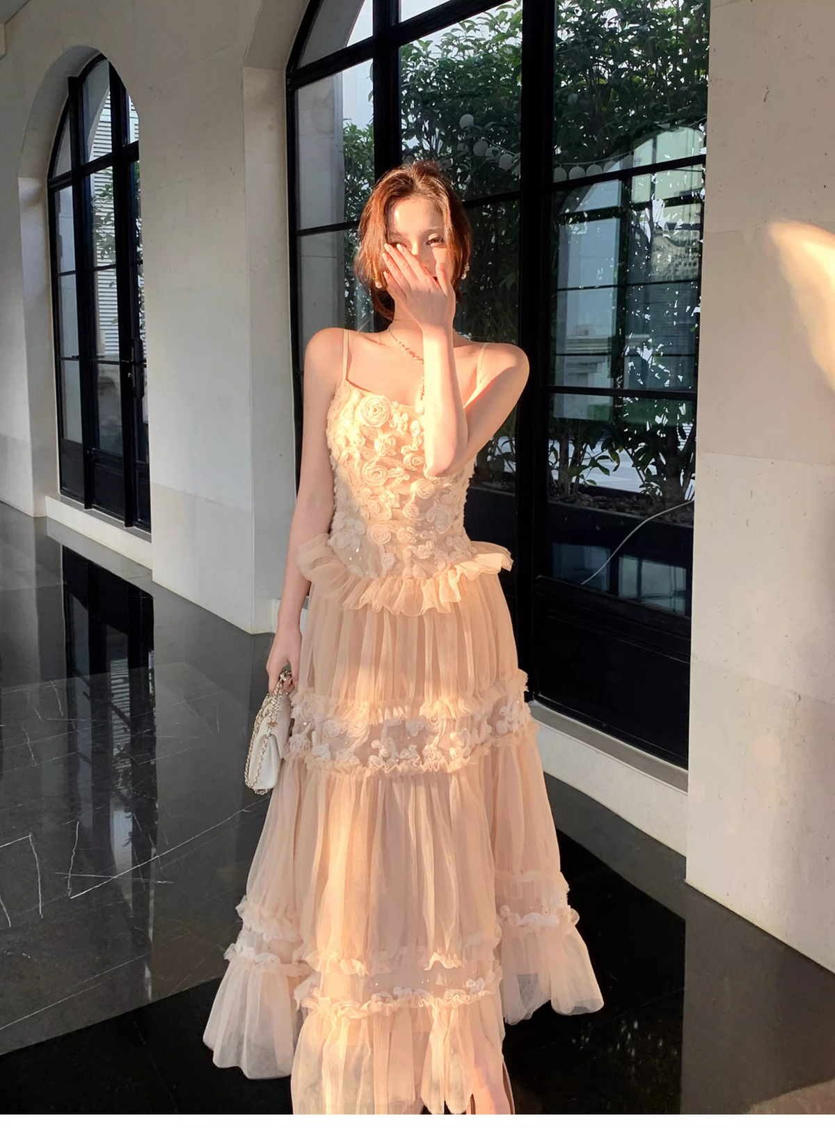 Cute Spaghetti Straps Light Pink Tulle A Line Long Birthday Prom Dress Party Gown SP1505
