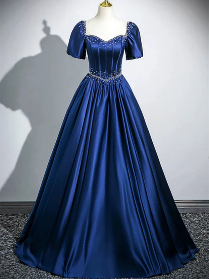 Charming Navy Blue Satin Sweetheart Pearls Beaded  Party Prom Dress, A Line Ball Gown cc2191
