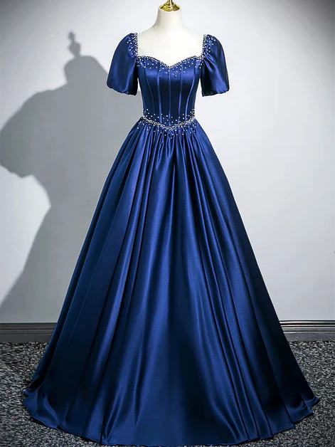 Charming Navy Blue Satin Sweetheart Pearls Beaded  Party Prom Dress, A Line Ball Gown cc2191