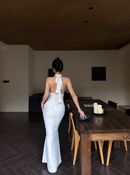 Sexy Halter White Satin Pleated Mermaid Long Wedding Guest Dress Birthday Prom Dress Evening Gown