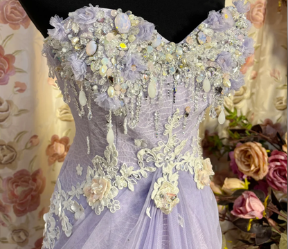 Pretty Strapless Tulle Lace Appliques Beaded Mermaid Slit Evening Dress Purple Birthday Party Gown