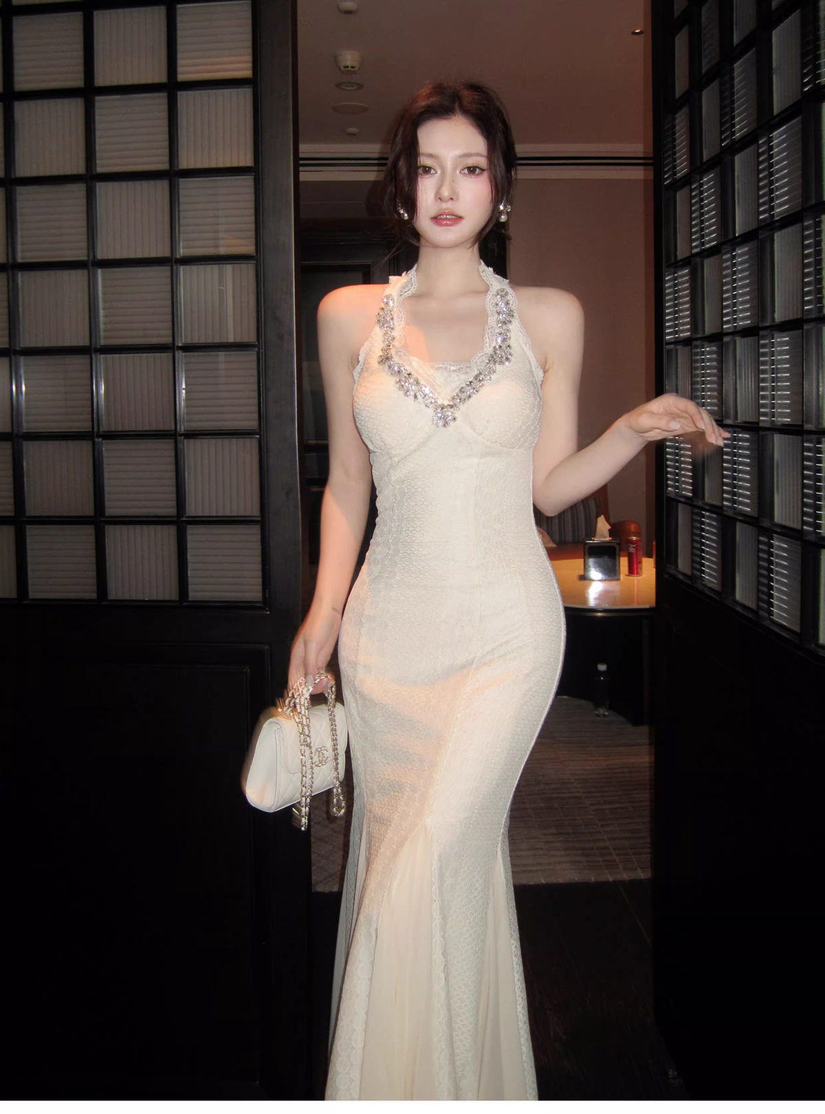 Charming Light Apricot Halter Lace Beaded Mermaid Party Dress Long Birthday Prom Gown SP1497