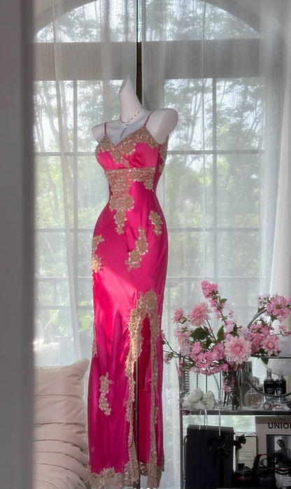 Pretty Hot Pink Spaghetti Straps V Neck Satin Lace Appliques Slit Long Prom Dress Birthday Party Gown