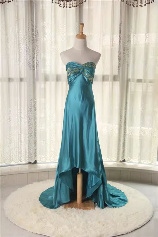 Vintage Strapless Teal Satin Beaded Mermaid Long Party Dress Birthday Prom Dress SP1689