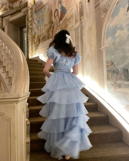 Sky Blue Tiered Skirt Prom Dress Puff Short Sleeves Formal Party Evening Gown