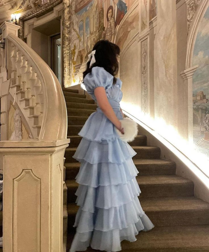 Sky Blue Tiered Skirt Prom Dress Puff Short Sleeves Formal Party Evening Gown