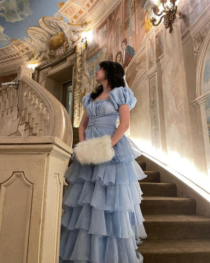Sky Blue Tiered Skirt Prom Dress Puff Short Sleeves Formal Party Evening Gown