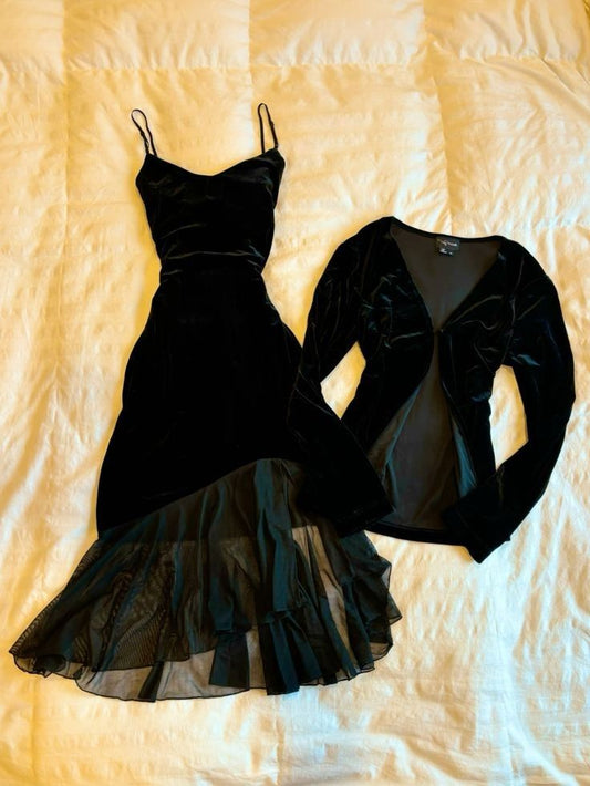Black Velvet Tiered Cocktail Dress Prom Party Gowns Formal Dresses Jacket not included