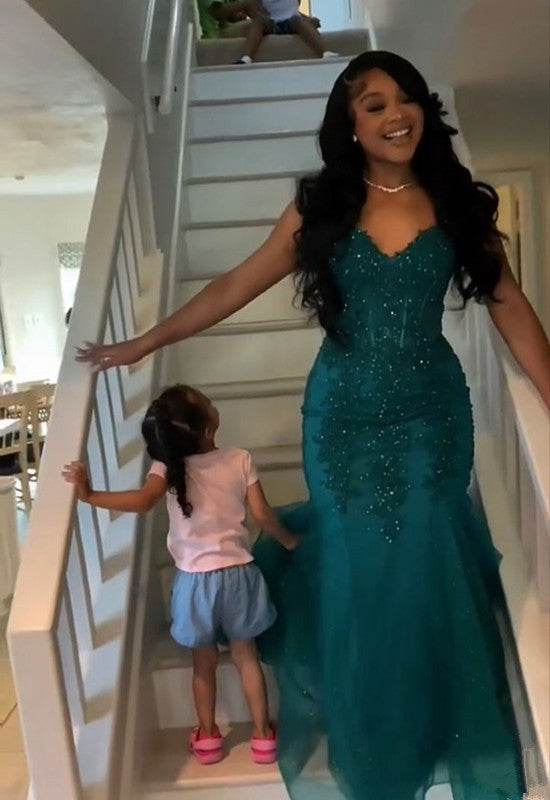 Dark Green Mermaid Tulle Lace Prom Dress Winter Formal Gown